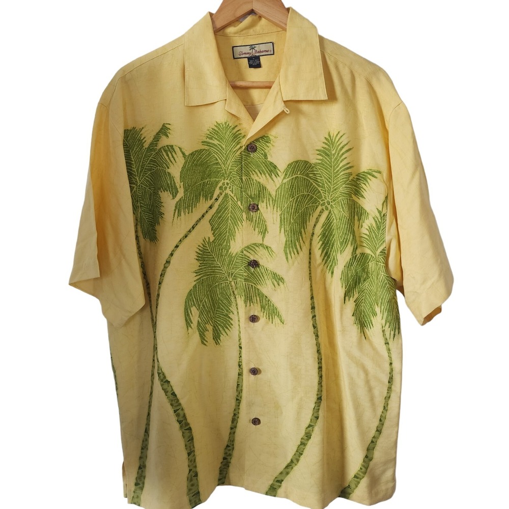 Tommy Bahama Yellow Silk Button Down Tropical Shirt Medium Palm Trees